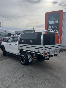 Toyota Hilux Dual Cab with Tiger Heavy Duty Tough Alloy Series. ft Trundle Drawer and Powdercoated black toolboxes and underbodies #62