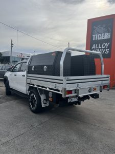 Toyota Hilux Dual Cab with Tiger Heavy Duty Tough Alloy Series. ft Trundle Drawer and Powdercoated black toolboxes and underbodies #63
