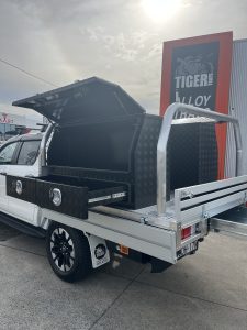 Toyota Hilux Dual Cab with Tiger Heavy Duty Tough Alloy Series. ft Trundle Drawer and Powdercoated black toolboxes and underbodies #69