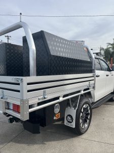 Toyota Hilux Dual Cab with Tiger Heavy Duty Tough Alloy Series. ft Trundle Drawer and Powdercoated black toolboxes and underbodies #71