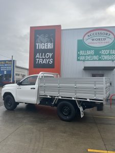 Single Cab Hilux with Tiger Tough Heavy Duty Series Alloy Tray with 660mm Sideboards and 90 degree headboard #76