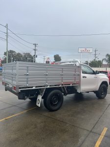 Single Cab Hilux with Tiger Tough Heavy Duty Series Alloy Tray with 660mm Sideboards and 90 degree headboard  #77