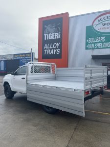 Single Cab Hilux with Tiger Tough Heavy Duty Series Alloy Tray with 660mm Sideboards and 90 degree headboard  #79