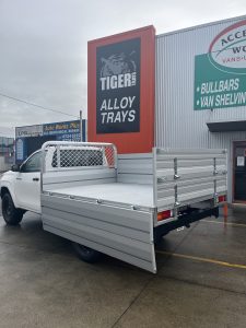 Single Cab Hilux with Tiger Tough Heavy Duty Series Alloy Tray with 660mm Sideboards and 90 degree headboard  #81